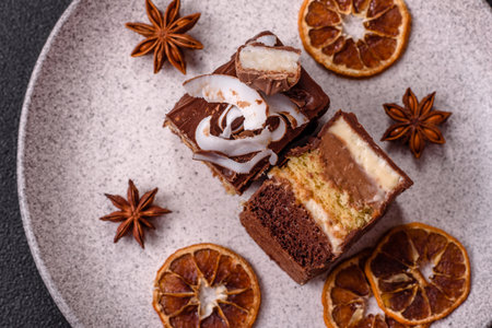 Piece of sweet chocolate cake with coconut flakes and sponge cake on dark concrete background