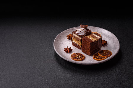 Piece of sweet chocolate cake with coconut flakes and sponge cake on dark concrete background