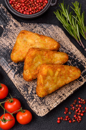 Hash browns with potatoes and onions, salt and spices on a dark concrete background