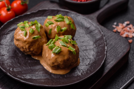 Meatballs with salt and spices in creamy caramel sauce on a dark concrete backgroundの写真素材