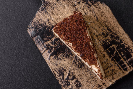 Delicious sweet piece of cheesecake with mascarpone cheese sprinkled with chocolate crumbs on a dark concrete backgroundの写真素材