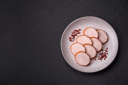 Fresh ham cut into round slices with salt, spices and herbs on a dark concrete backgroundの写真素材