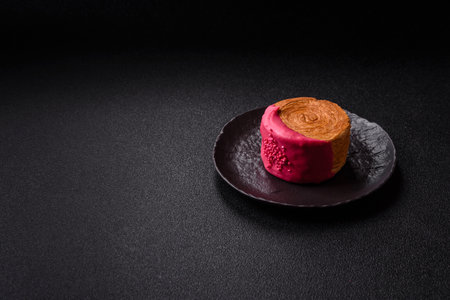 Round sweet roll croissant with raspberry cream filling on a dark concrete background