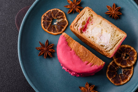 Round sweet roll croissant with raspberry cream filling on a dark concrete background