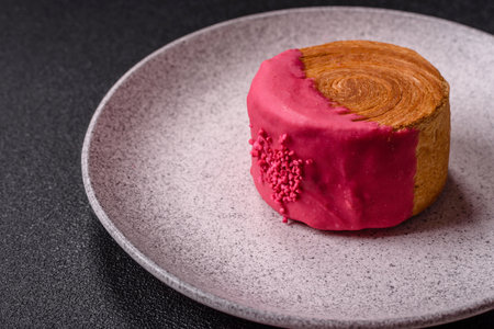 Round sweet roll croissant with raspberry cream filling on a dark concrete backgroundの写真素材