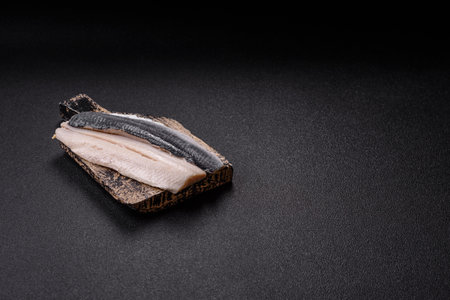 Herring fillet salted and marinated with salt, spices and oil on a dark concrete background