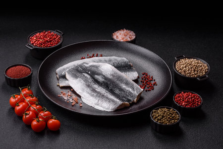 Herring fillet salted and marinated with salt, spices and oil on a dark concrete backgroundの写真素材