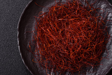 Red thin hot chili threads on a dark background. For decorating Asian dishesの写真素材