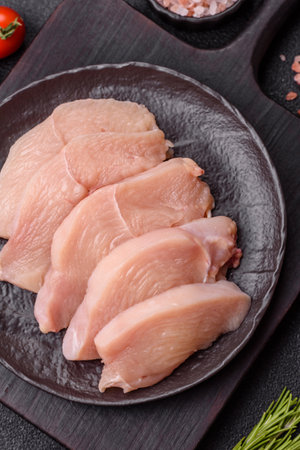 Raw chicken or turkey fillet cut into slices with salt, spices and herbs on a dark concrete backgroundの写真素材