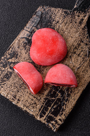 Delicious sweet mochi in the shape of red hearts for the holiday of Valentine's Day