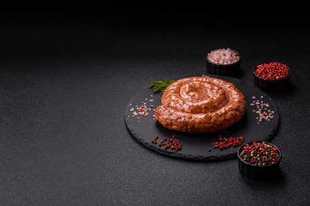 Delicious homemade sausage in the shape of a snail or spiral, with salt and spices on a dark...