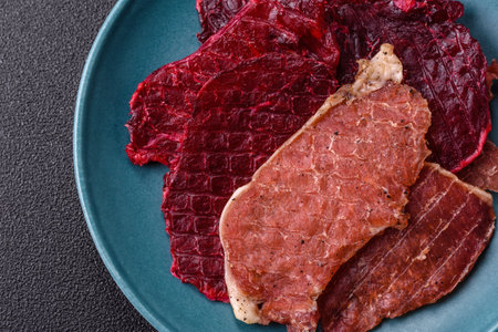 Jerky, dried pork meat slices with salt and spices on a dark concrete background