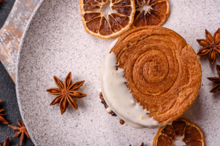 Round sweet roll croissant with pistachio cream filling on a dark concrete background