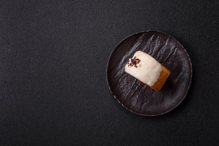 Round sweet roll croissant with pistachio cream filling on a dark concrete backgroundの写真素材