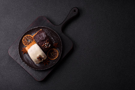 Round sweet roll croissant with chocolate cream filling on a dark concrete backgroundの写真素材