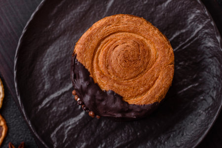 Round sweet roll croissant with chocolate cream filling on a dark concrete backgroundの写真素材