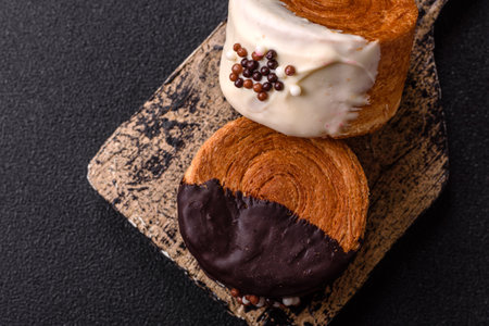 Round sweet roll croissant with chocolate cream filling on a dark concrete background