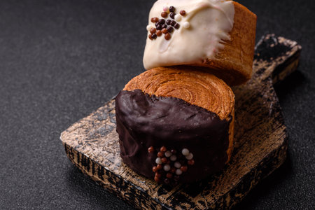 Round sweet roll croissant with chocolate cream filling on a dark concrete backgroundの写真素材