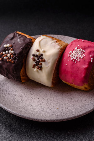 Round sweet roll croissant with several flavors cream filling on a dark concrete background