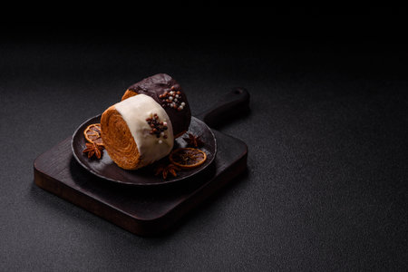 Round sweet roll croissant with chocolate cream filling on a dark concrete backgroundの写真素材