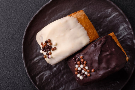 Round sweet roll croissant with chocolate cream filling on a dark concrete backgroundの写真素材