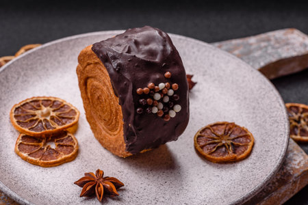 Round sweet roll croissant with chocolate cream filling on a dark concrete background