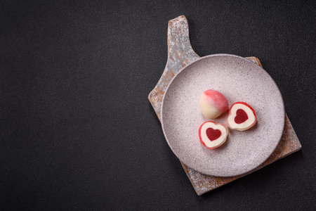 Delicious sweet mochi in the shape of red hearts for the holiday of Valentine's Dayの写真素材