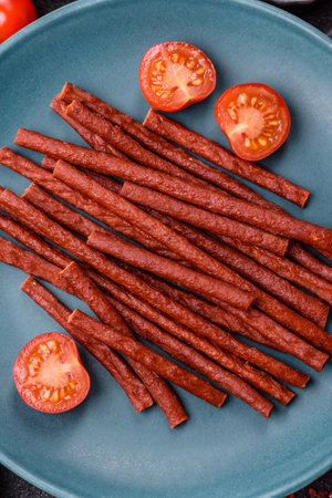 Jerky dried fish sticks with salt and spices on a dark concrete background