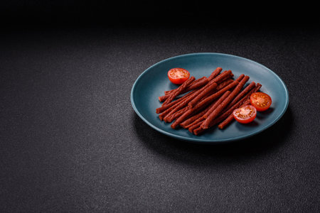 Jerky dried fish sticks with salt and spices on a dark concrete backgroundの写真素材