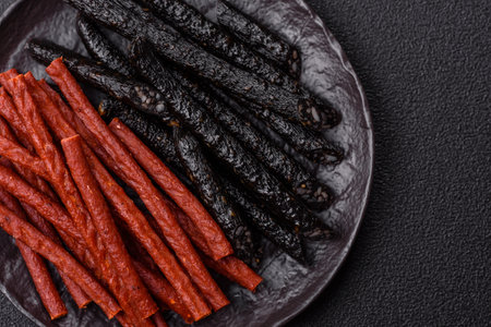 Sausage with salt, spices and herbs on a dark concrete backgroundの写真素材