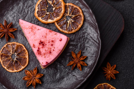 A piece of sweet cheesecake with raspberry or strawberry flavor, with mascarpone cheese on a dark concrete backgroundの写真素材