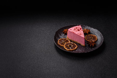 A piece of sweet cheesecake with raspberry or strawberry flavor, with mascarpone cheese on a dark concrete backgroundの写真素材