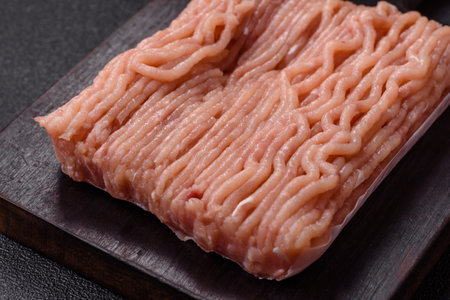 Raw minced chicken with salt, spices and herbs on a dark concrete background