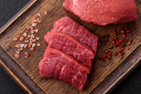 Raw beef tenderloin ribeye steak with salt and spices on a dark concrete backgroundの写真素材