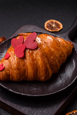 Sweet crispy croissant decorated with red hearts and raspberry flavored creamの写真素材
