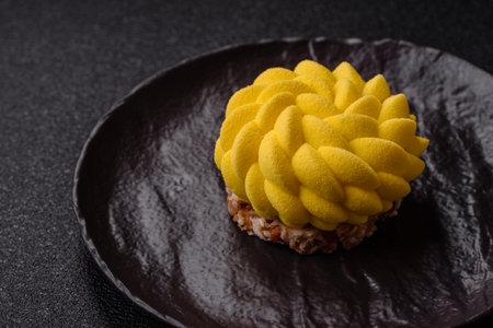 Round sweet tart of yellow color with citrus and passion fruit flavor on a dark concrete background