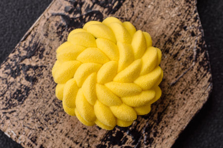 Round sweet tart of yellow color with citrus and passion fruit flavor on a dark background