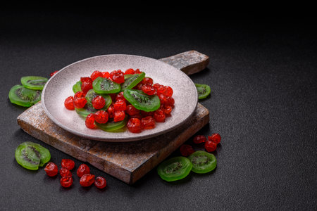 Dried sweet red pitted cherries on dark concrete backgroundの写真素材