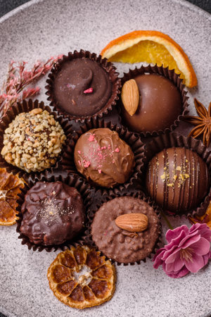 Homemade chocolate candies with different fillings and sprinklesの写真素材