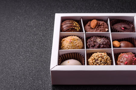 Homemade chocolate candies with different fillings and sprinkles on a dark concrete background