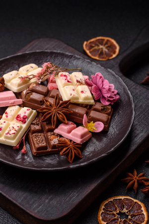Multicolored handmade chocolate bars pink, white, brown on dark concrete backgroundの写真素材