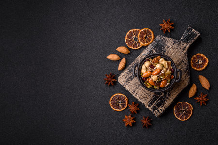 Cashew nuts, walnuts, hazelnuts, pine nuts and dried fruits in ceramic bowl on dark concrete backgroundの写真素材