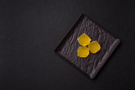 Jelly candies with different flavors on a dark backgroundの写真素材