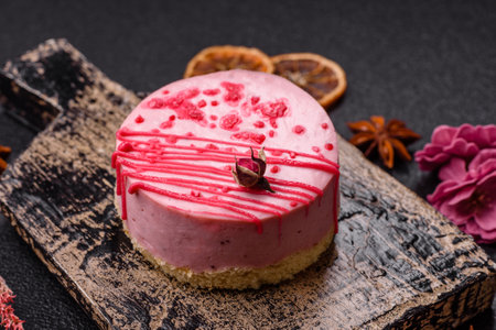 Sweet round tart cheesecake with raspberries or strawberries on dark concrete background