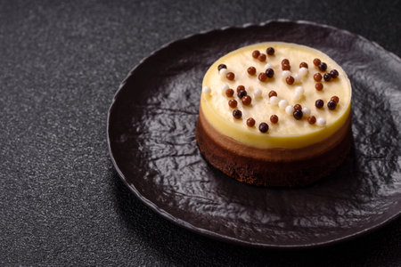 Sweet round tart three chocolates on dark concrete backgroundの写真素材