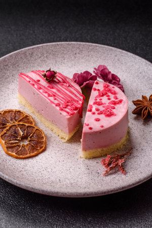 Sweet round tart cheesecake with raspberries on dark concrete background
