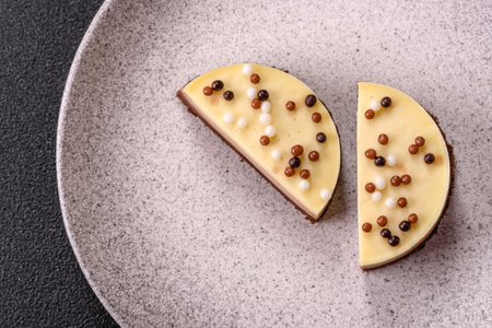 Sweet round tart three chocolates on dark concrete backgroundの写真素材