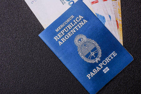International biometric passport of a citizen of Argentina on the dark backgroundの写真素材