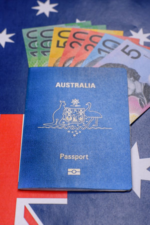 International biometric passport of a citizen of Australia on the dark backgroundの写真素材
