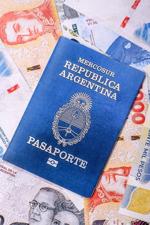 International biometric passport of a citizen of Argentina on the dark backgroundの写真素材